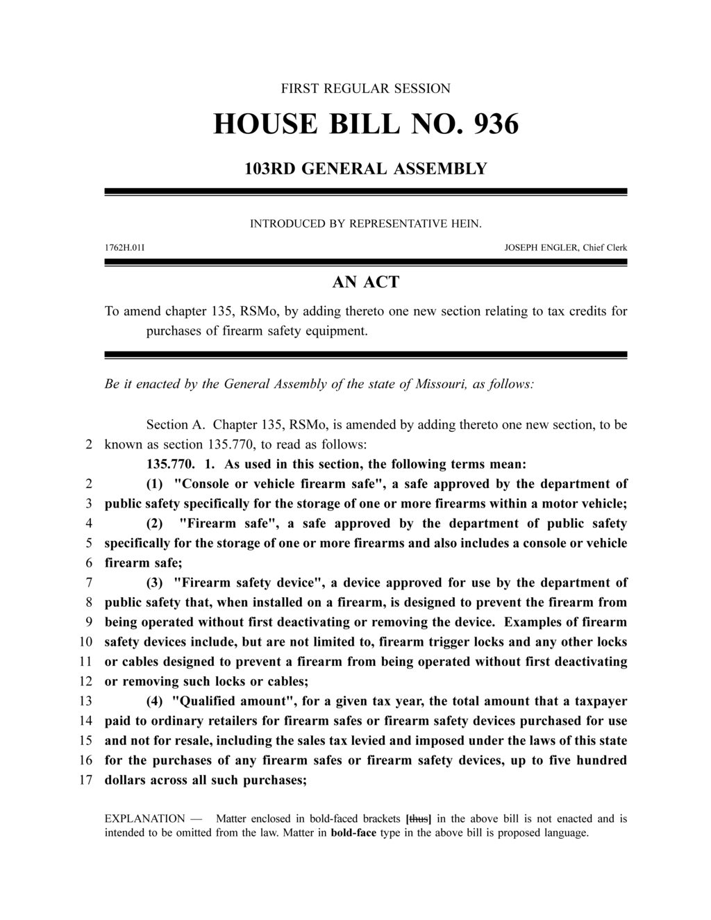 Missouri House Bill proposes tax credits for firearm safety equipment purchases
