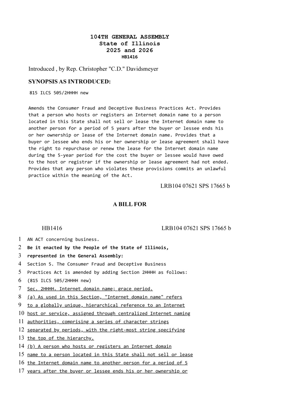 Rep Christopher Davidsmeyer proposes HB1416 to protect Internet domain name ownership in Illinois