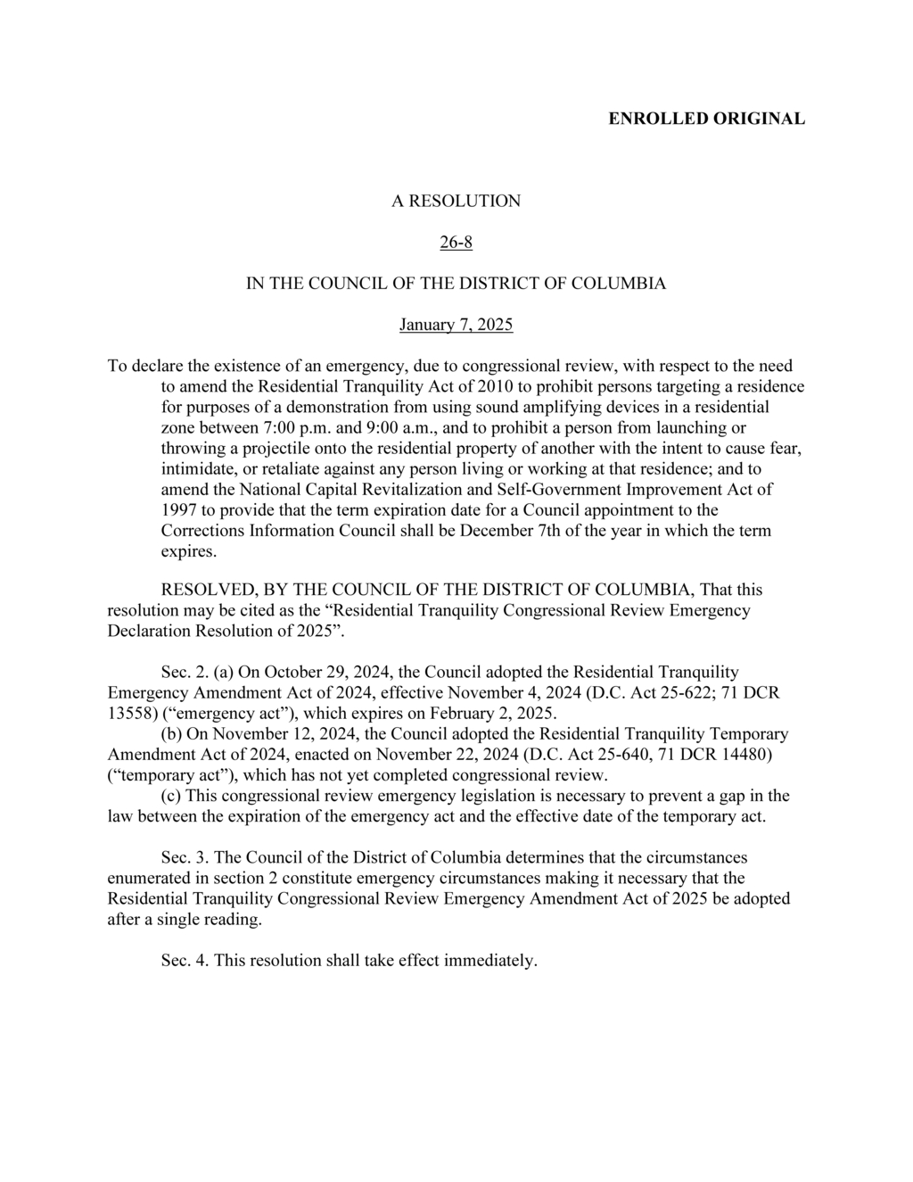 D.C. Council declares emergency to amend Residential Tranquility Act amid Congressional review