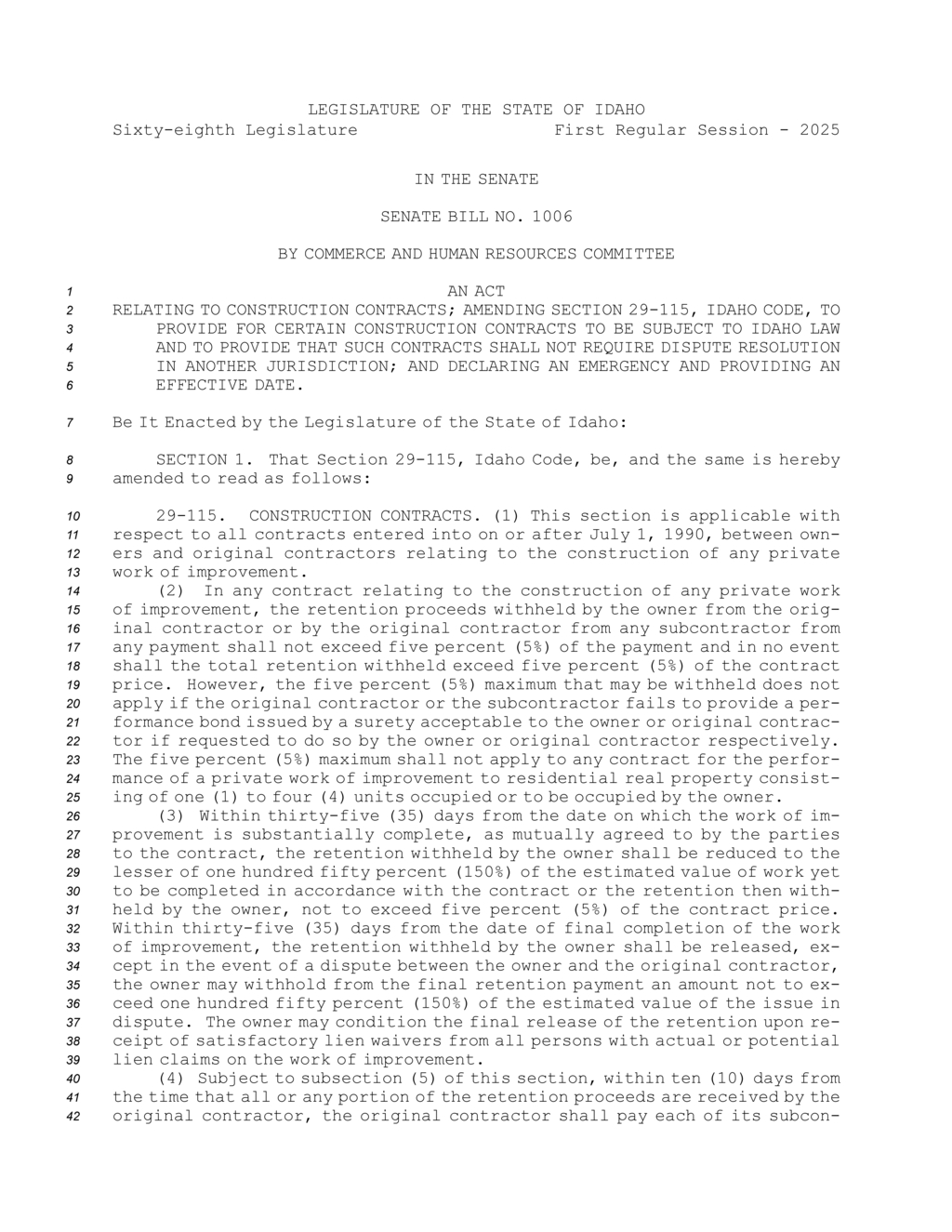 Idaho Senate passes bill to limit construction contract retention proceeds