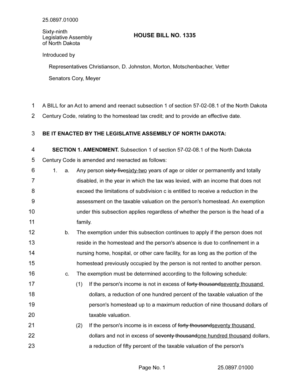 North Dakota Assembly proposes amendments to homestead tax credit for seniors and disabled