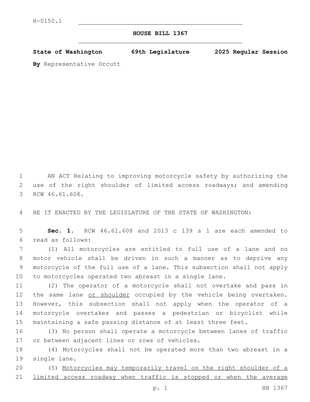 Washington Legislature approves measure allowing motorcycles to use right shoulder on highways
