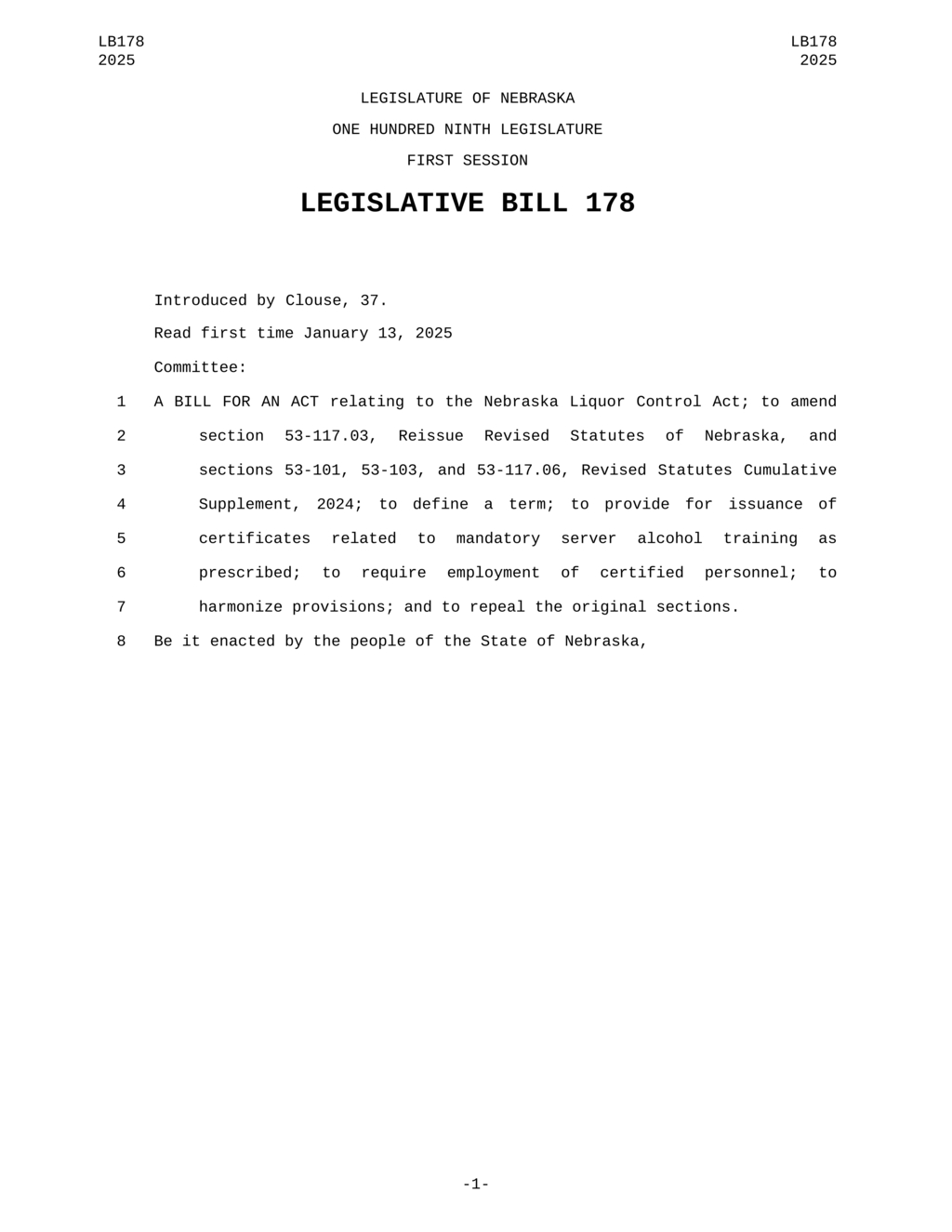 Nebraska amends Liquor Control Act to include mandatory server training for alcohol service