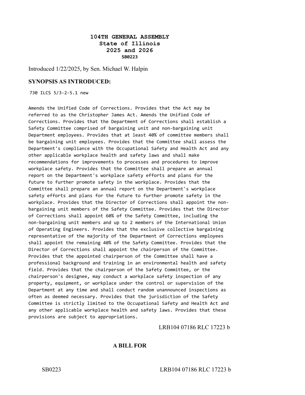 Senator Halpin introduces Christopher James Act to enhance safety in Illinois Corrections