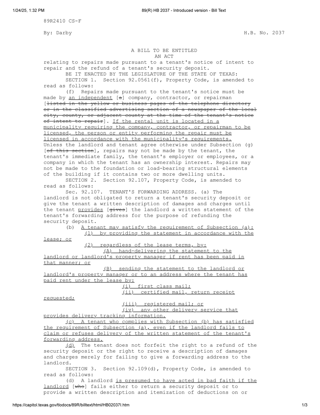 Texas lawmakers amend Property Code to clarify tenant security deposit refund procedures