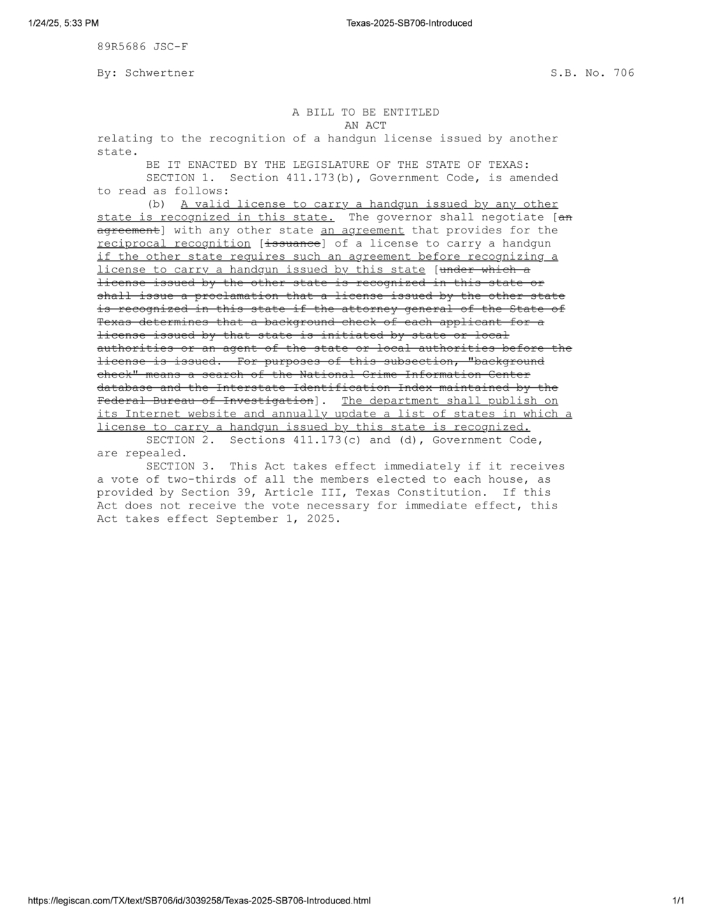 Texas Legislature approves bill recognizing out-of-state handgun licenses