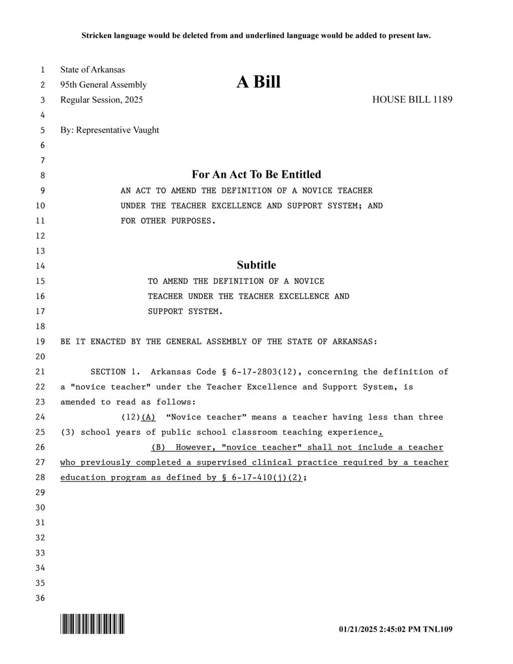 Arkansas House Bill 1189 redefines novice teacher qualifications under Teacher Excellence Support System