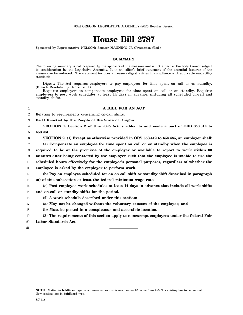 Oregon lawmakers introduce bill mandating pay for on-call and standby employee hours