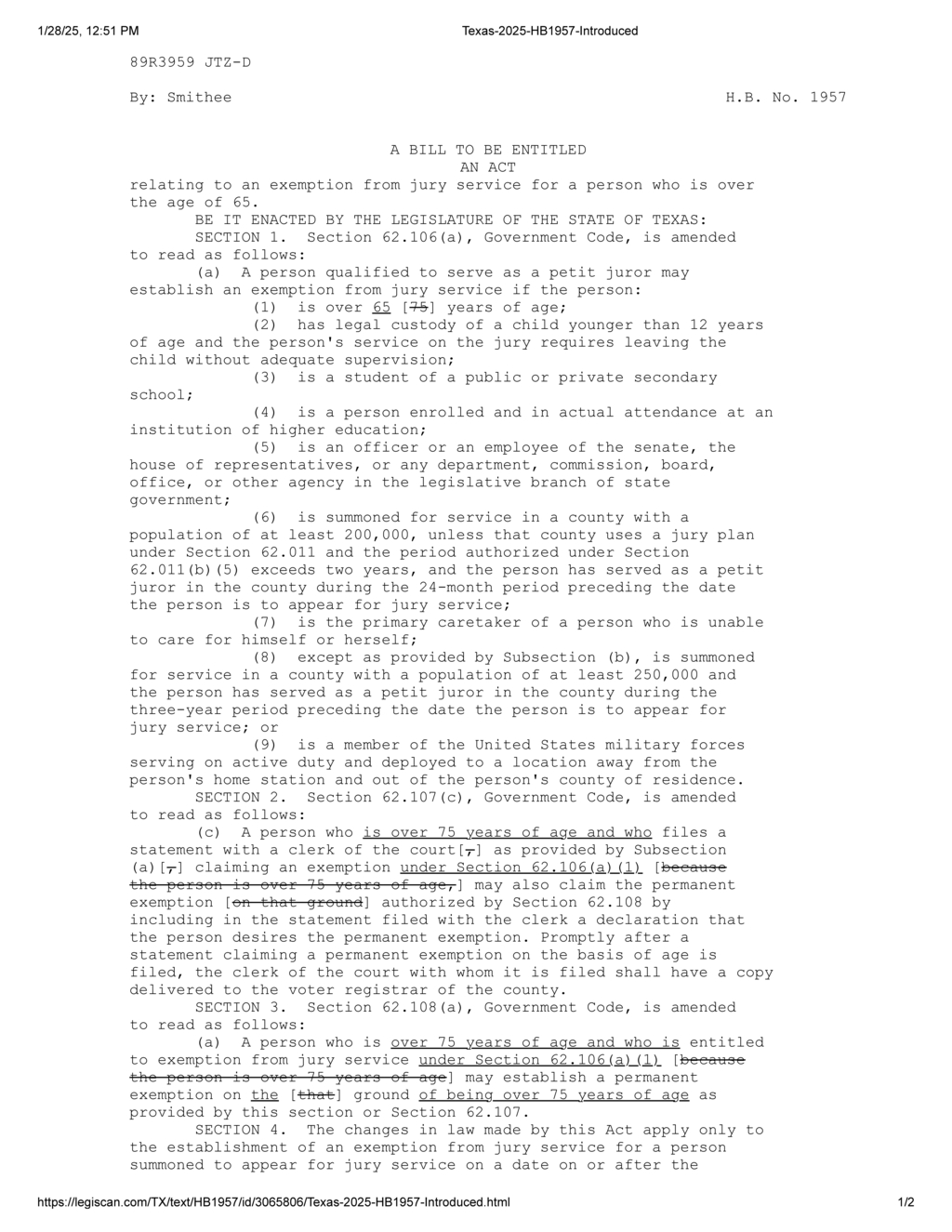 Texas Legislature proposes jury service exemption for residents over 65 years old