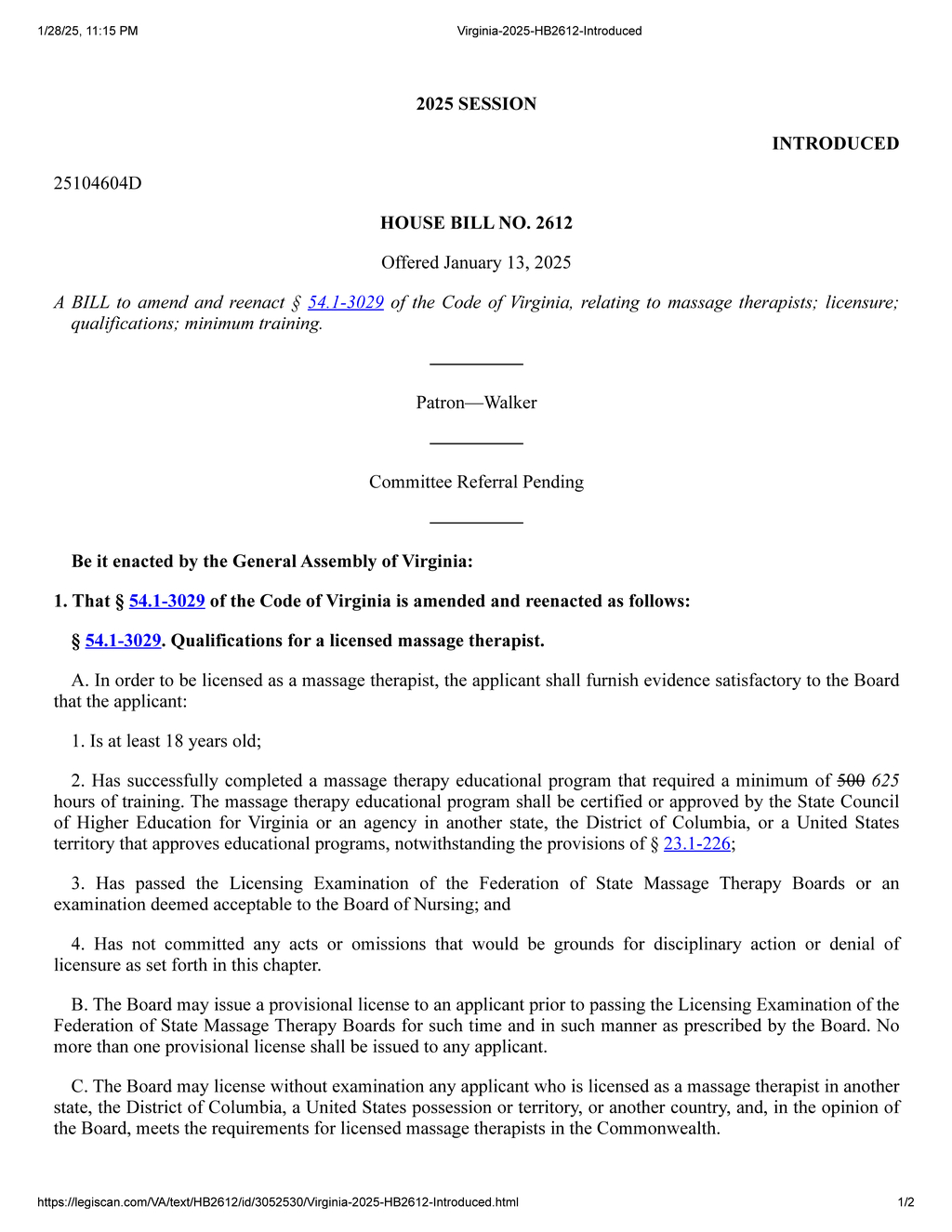 Virginia House Bill 2612 updates licensure requirements for massage therapists