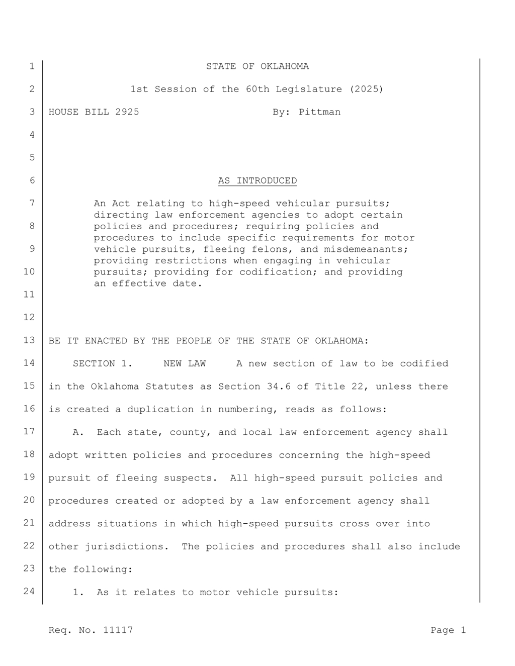 Oklahoma House Bill 2925 mandates law enforcement pursuit policy updates for safety