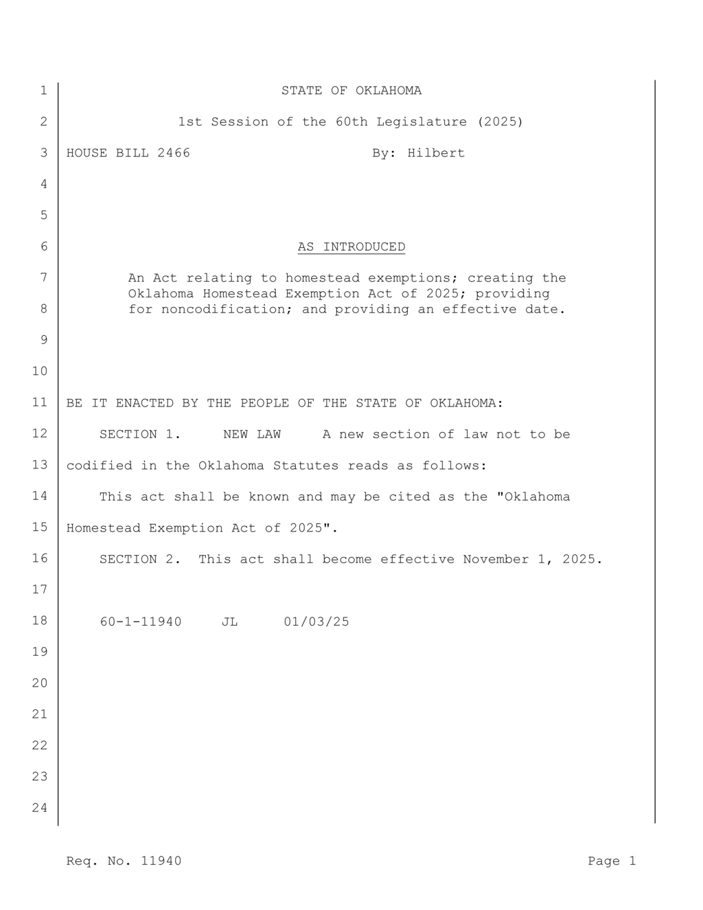 Oklahoma Legislature introduces Homestead Exemption Act effective November 1 2025