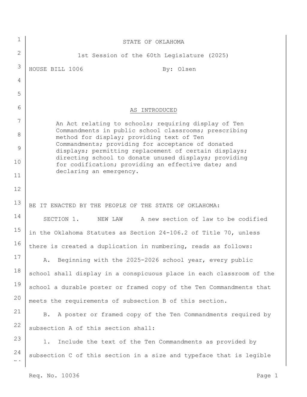 Oklahoma legislature mandates display of Ten Commandments in all public school classrooms
