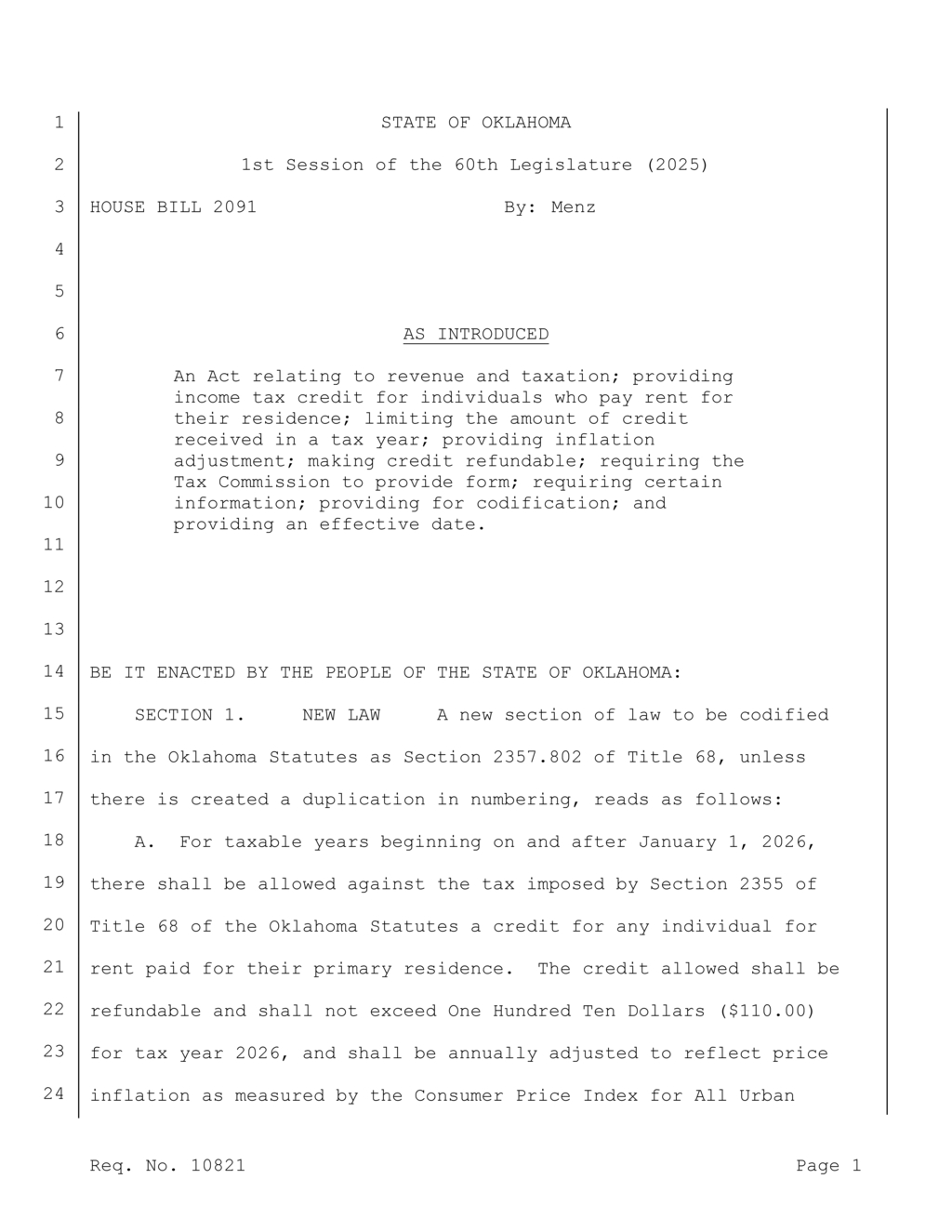 Oklahoma House introduces income tax credit for renters in proposed House Bill 2091