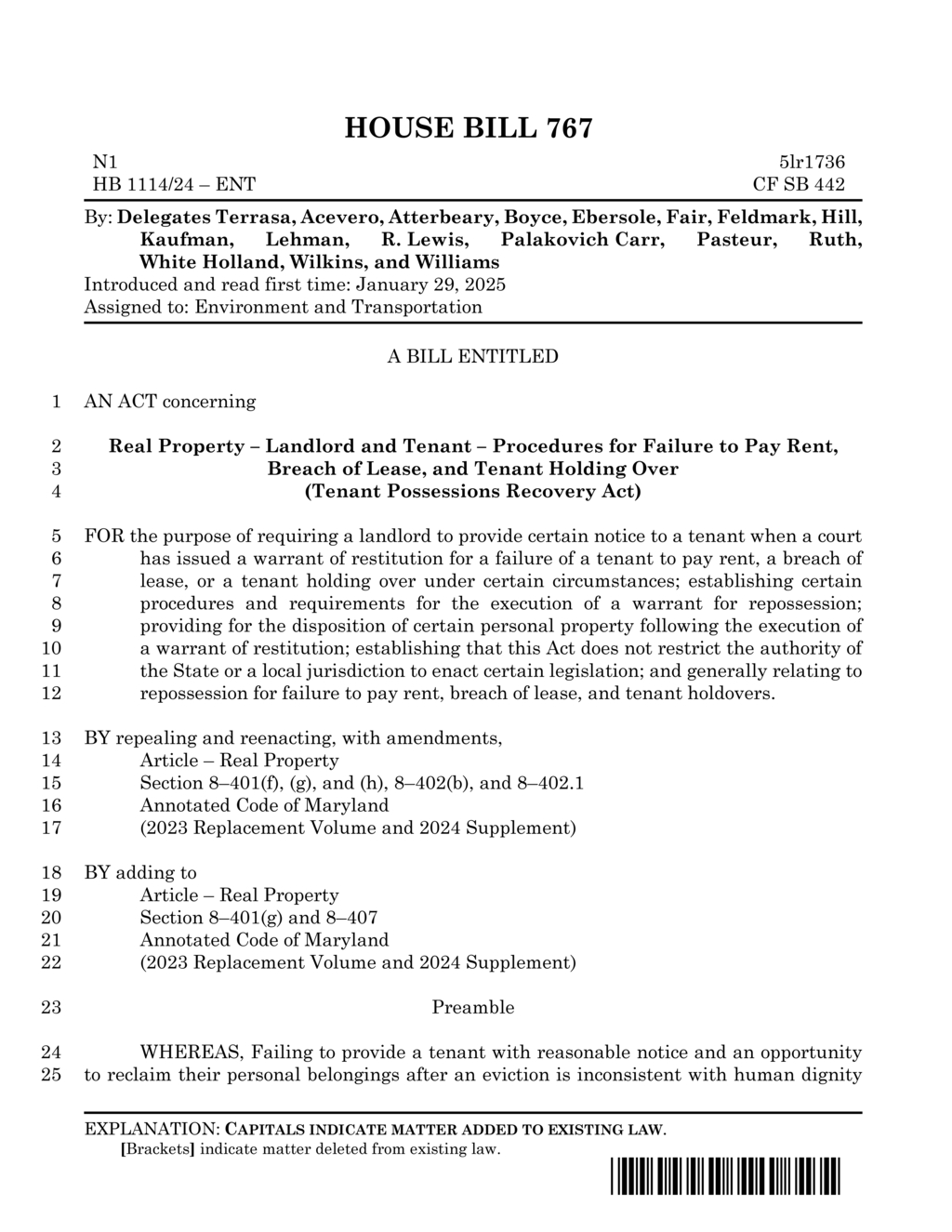 House Bill 767 mandates stays on evictions during extreme weather conditions