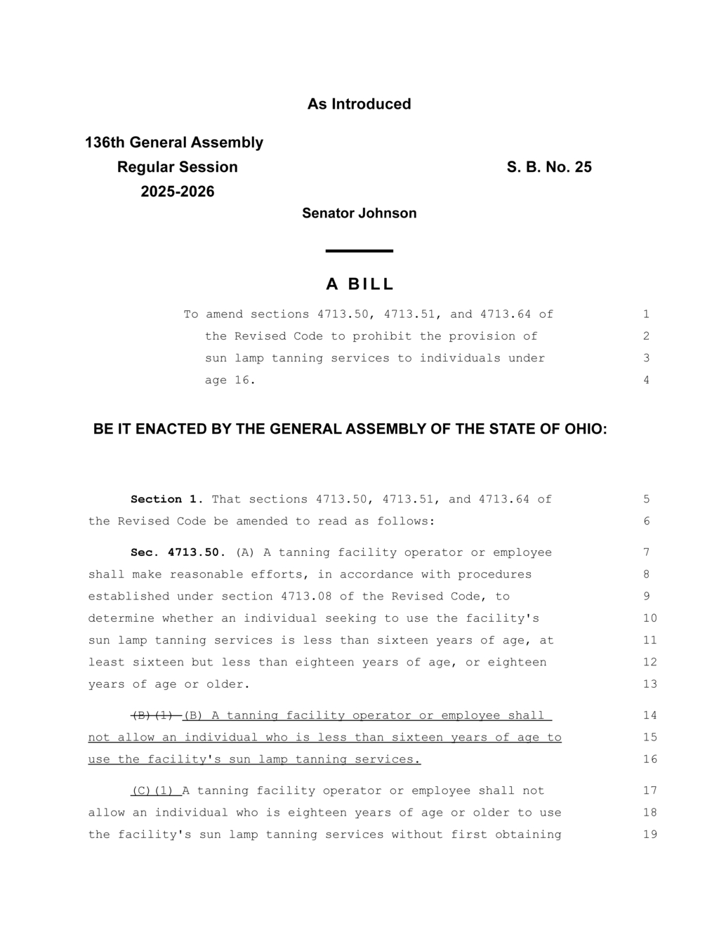 Ohio Senate Bill requires parental consent for tanning minors under eighteen
