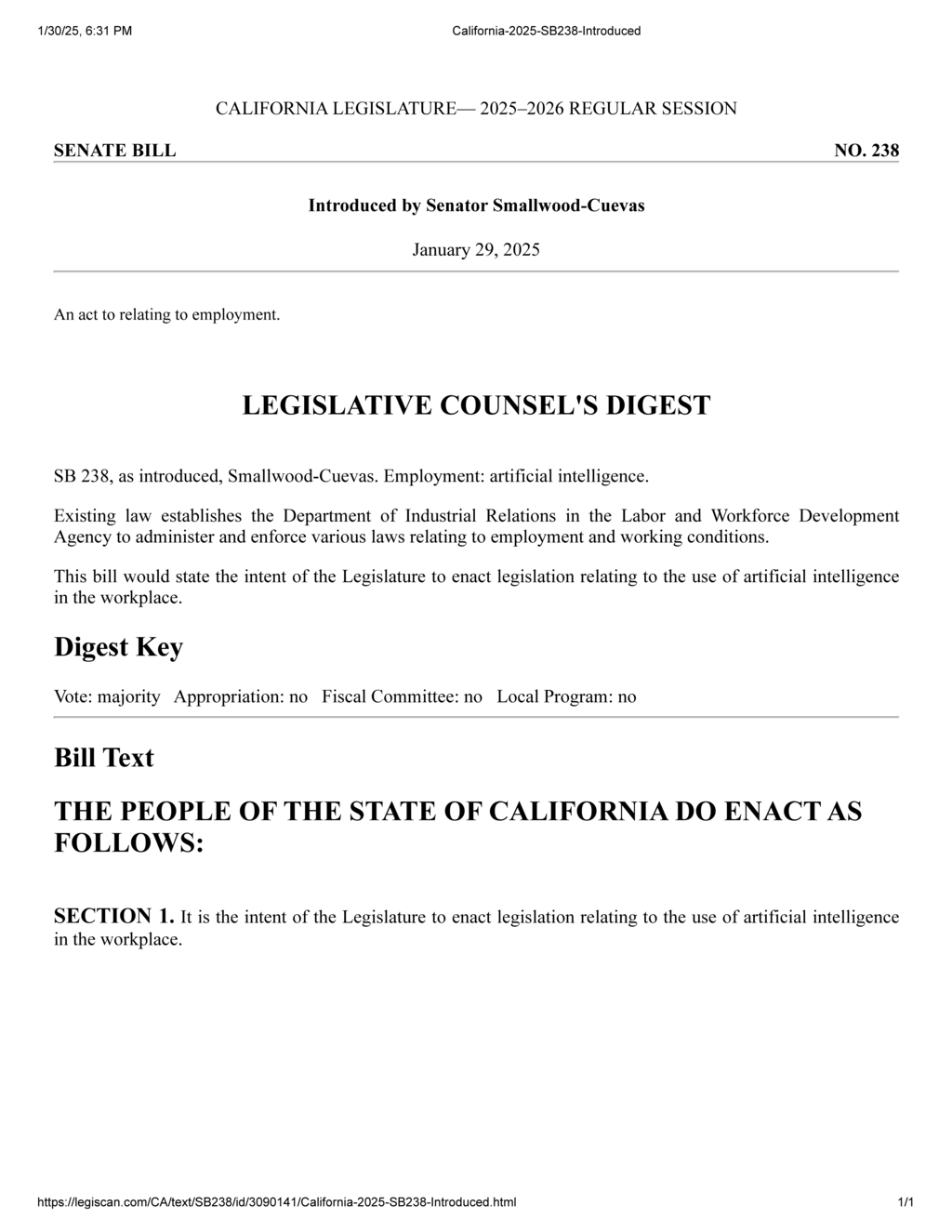 Senator Smallwood-Cuevas proposes California legislation on artificial intelligence in the workplace