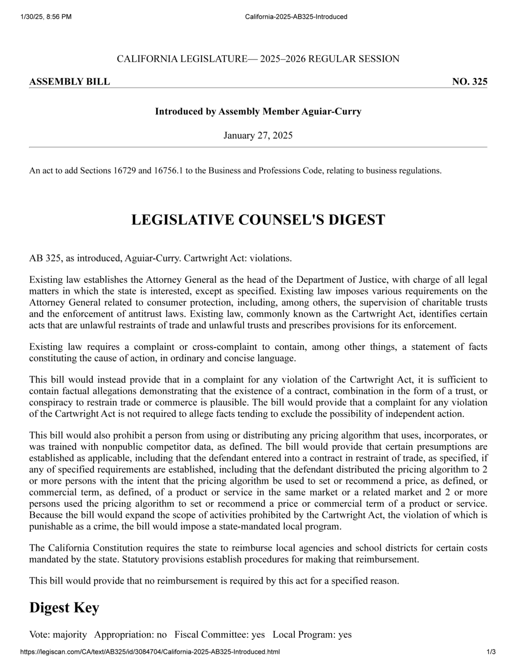 Assembly Member Aguiar-Curry introduces AB 325 to strengthen Cartwright Act enforcement