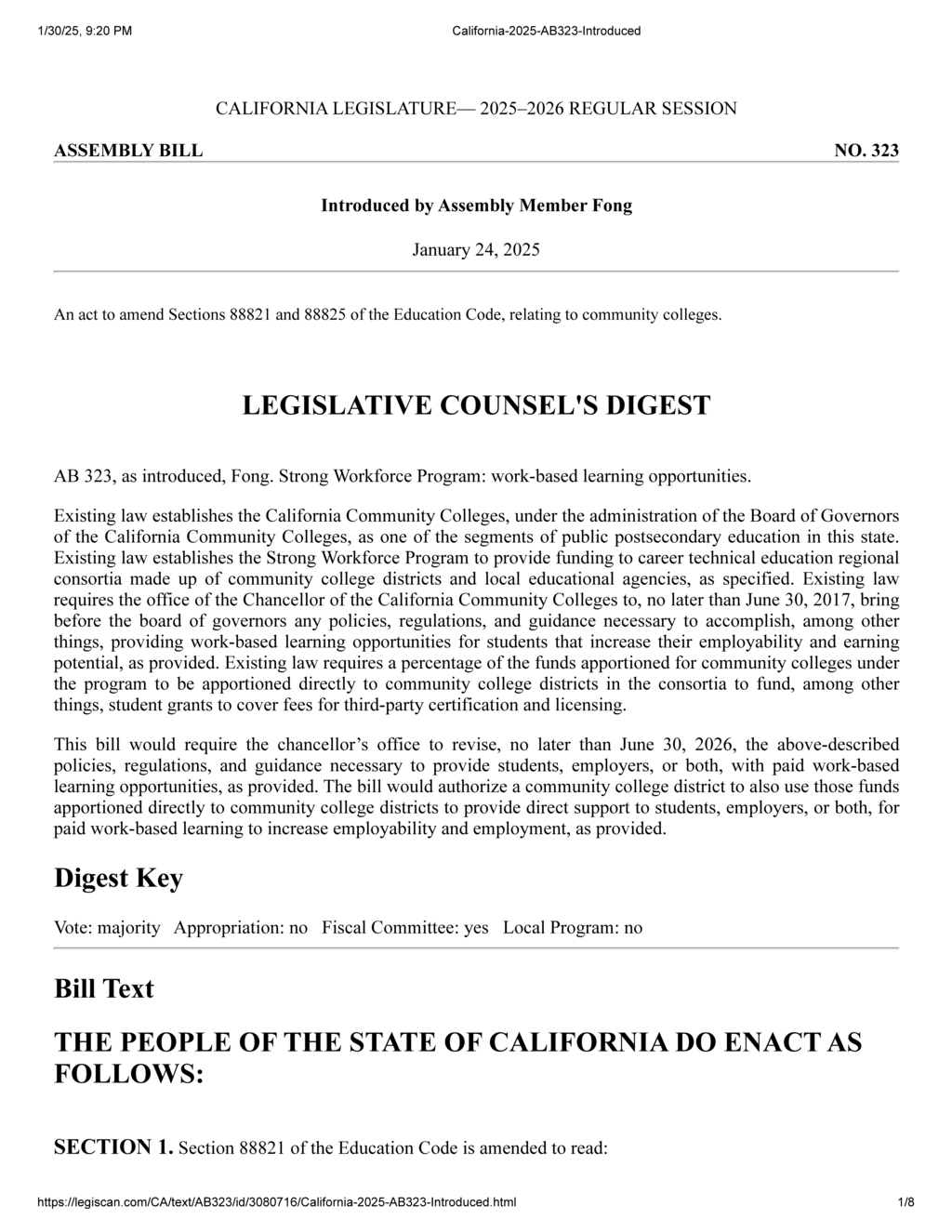 Assembly Member Fong introduces AB 323 to enhance paid work-based learning in community colleges