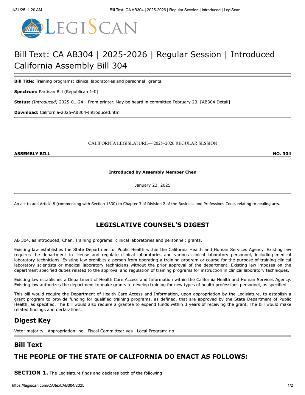Assembly Member Chen introduces AB 304 to fund clinical laboratory training programs in California