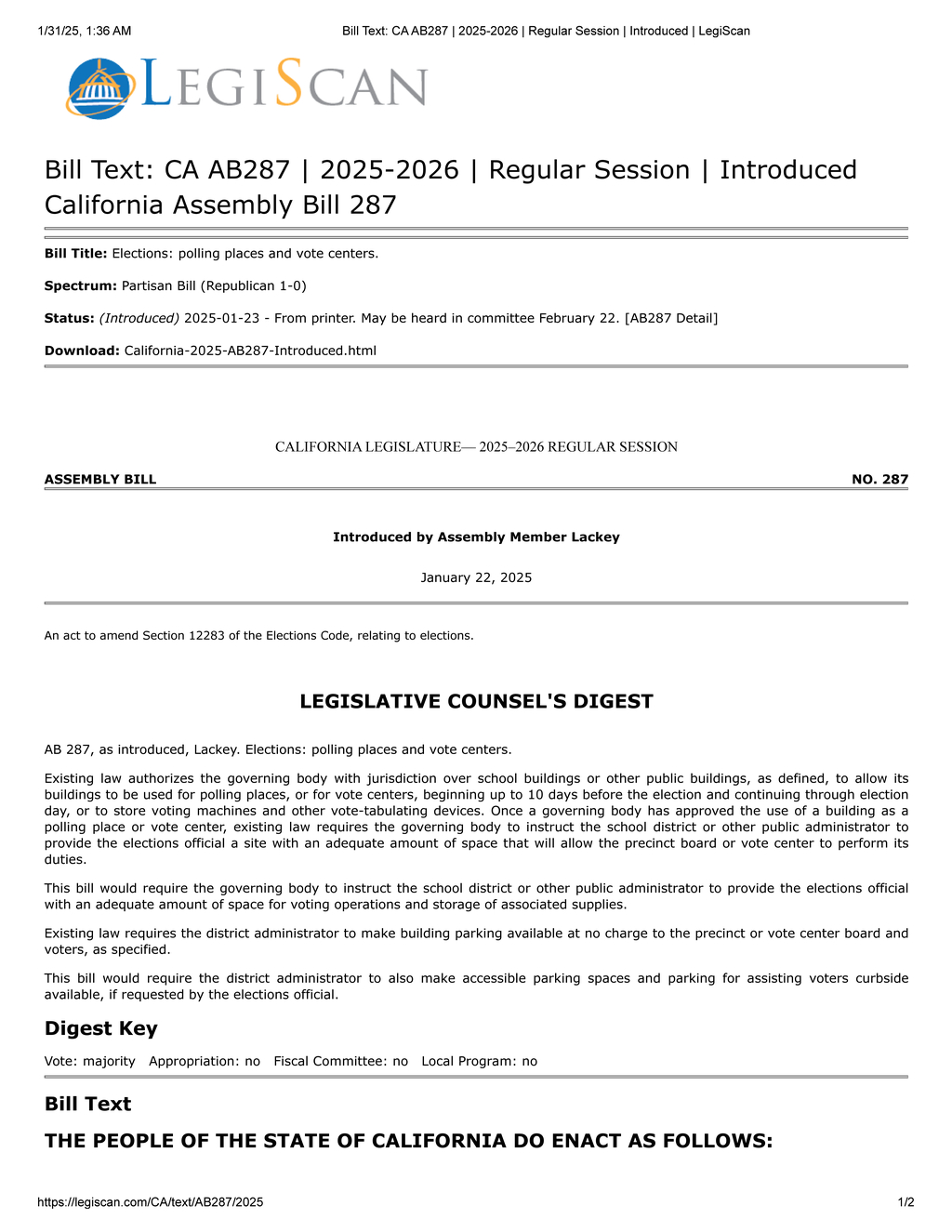 Assembly Member Lackey introduces California AB 287 to enhance polling place accessibility