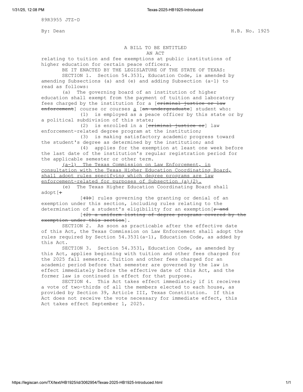 Texas legislators approve tuition exemptions for peace officers in law enforcement programs