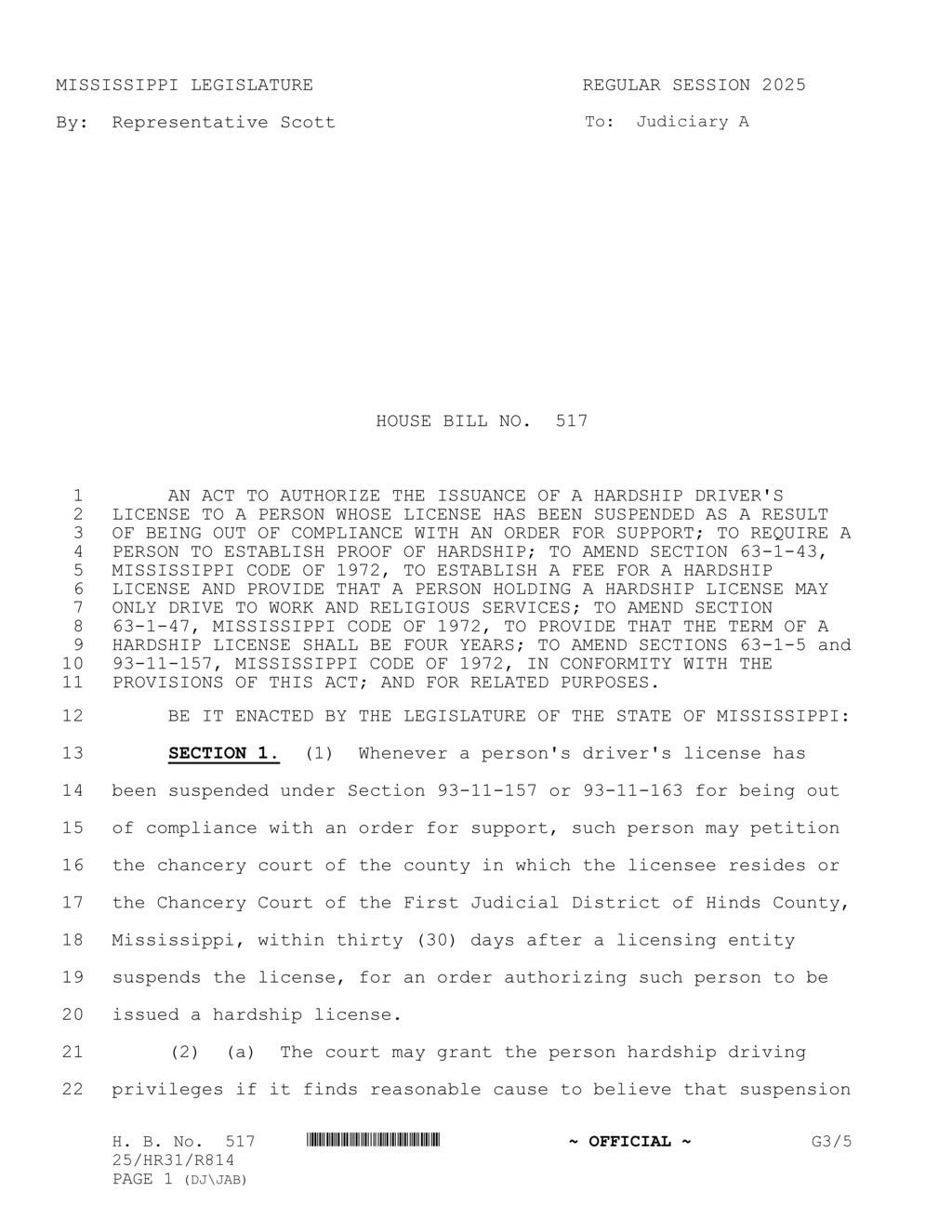 Mississippi legislature introduces hardship driver's license for non-compliant support orders