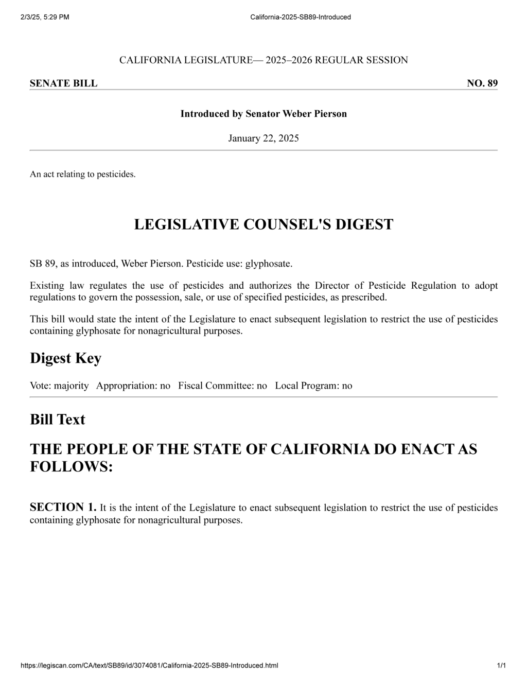 Senator Weber Pierson proposes California bill to restrict glyphosate pesticides usage
