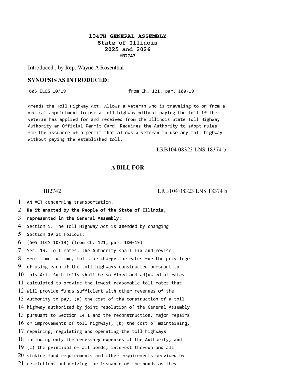 Illinois House introduces bill to waive tolls for veterans traveling to medical appointments