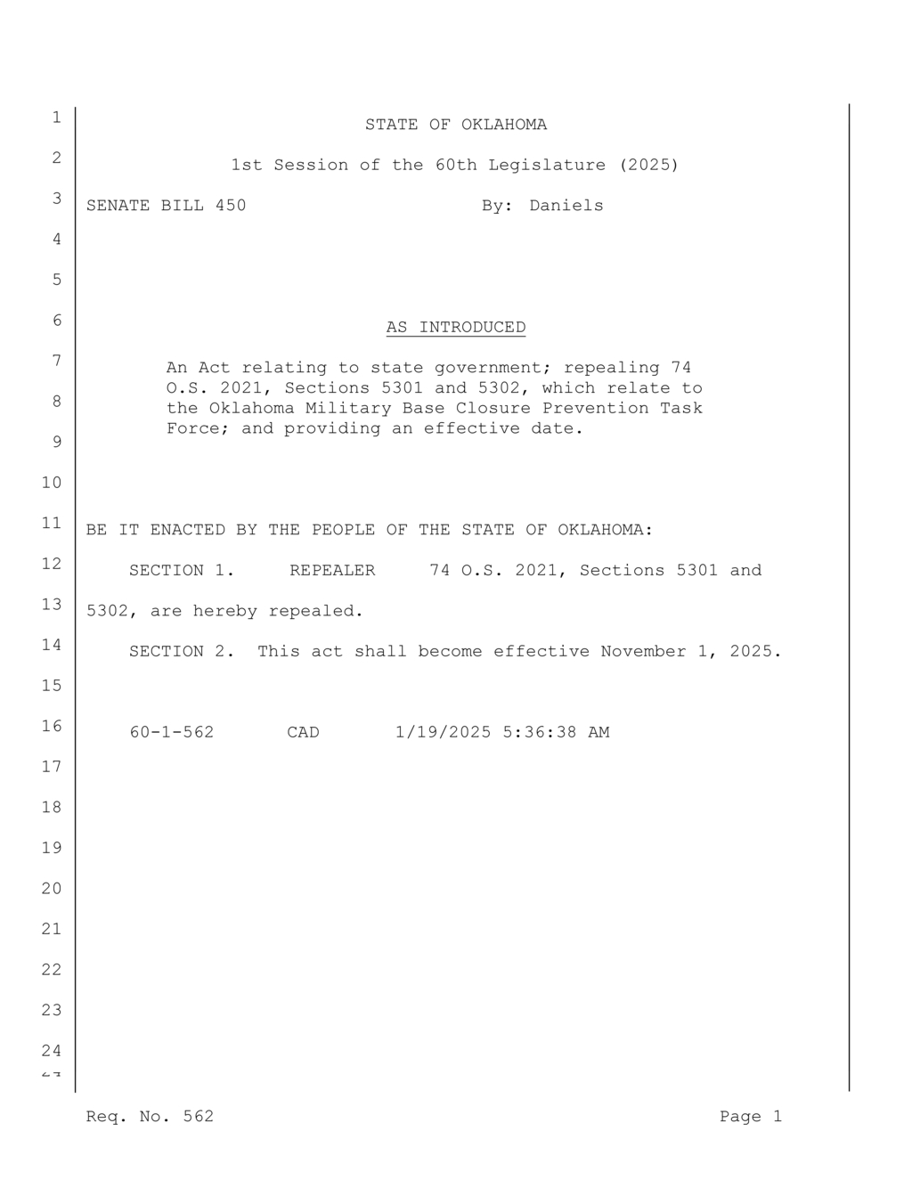 Oklahoma Legislature repeals Military Base Closure Prevention Task Force