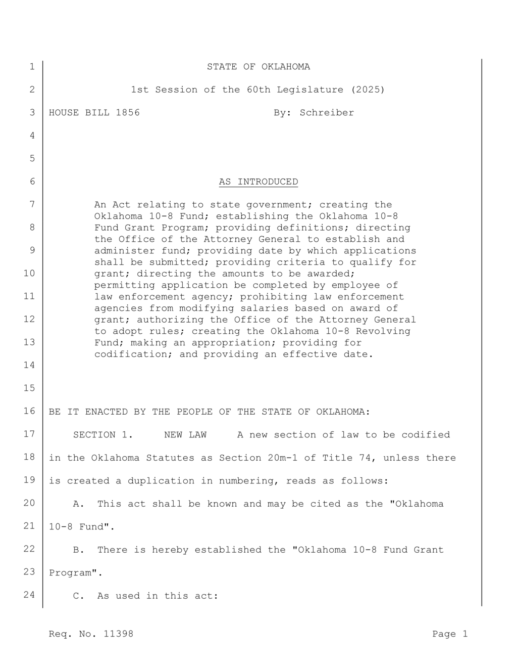 Oklahoma Legislature introduces 10-8 Fund Grant Program for law enforcement