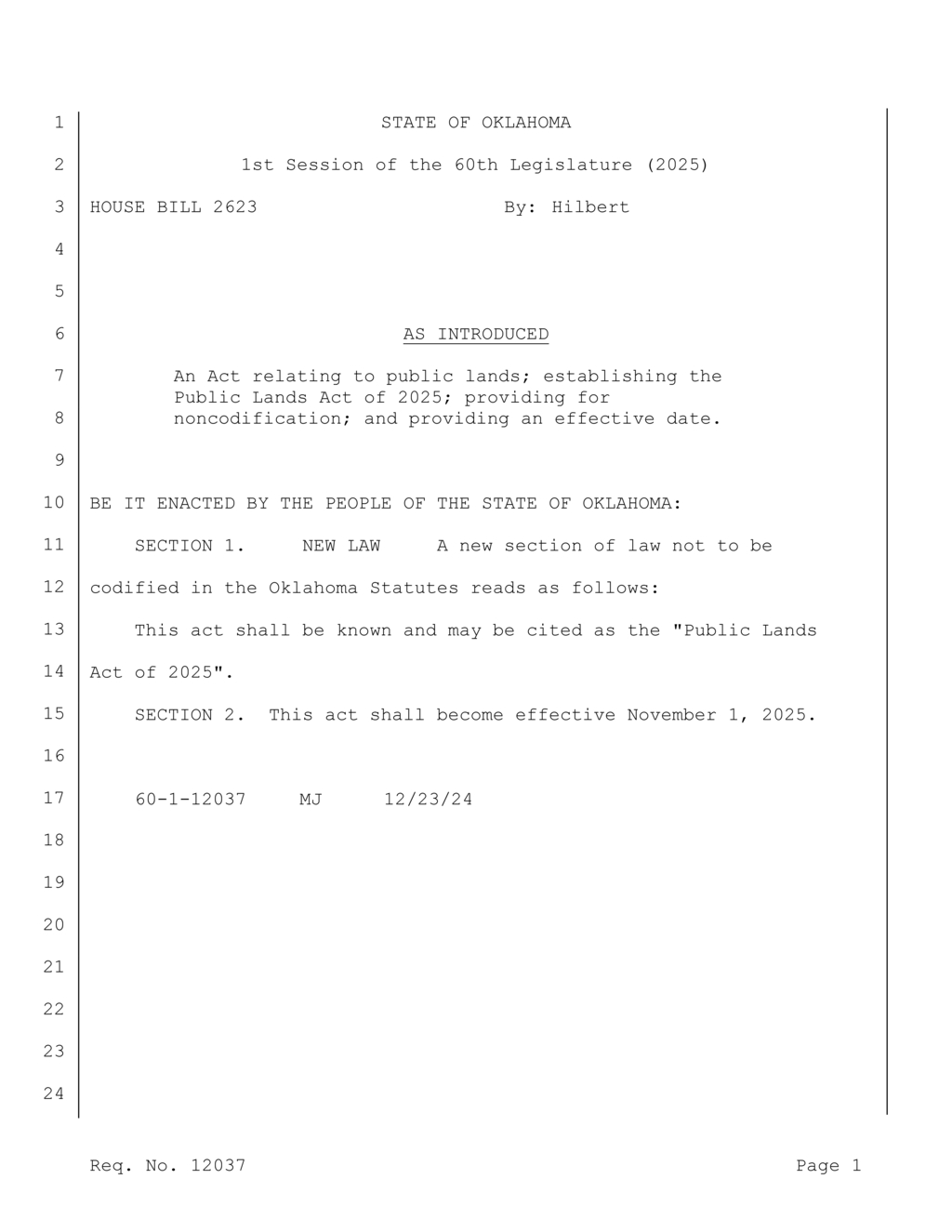 Oklahoma Legislature introduces Public Lands Act of 2025