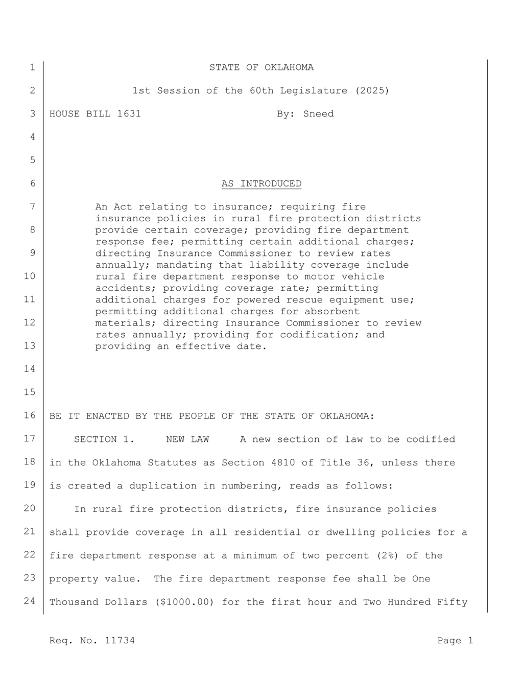 Oklahoma House Bill 1631 mandates fire insurance coverage in rural districts