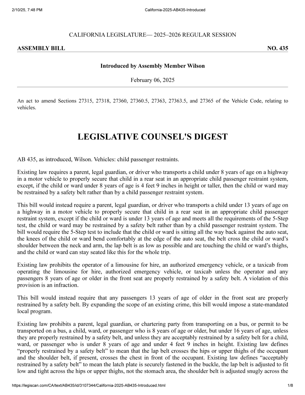 Assembly Member Wilson introduces AB 435 to enhance child passenger restraint laws