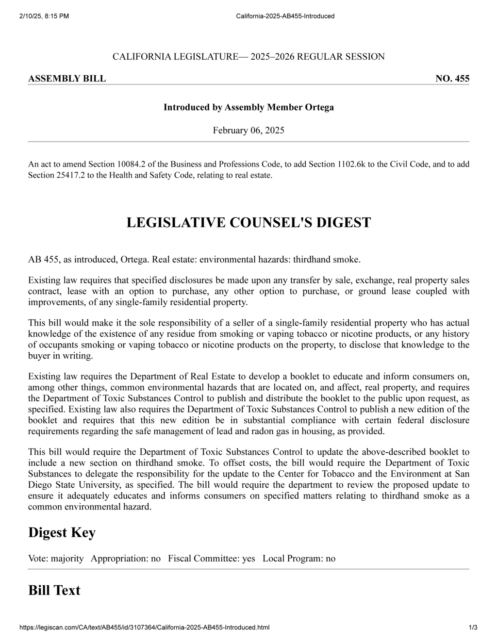 Assembly Member Ortega introduces AB 455 to address thirdhand smoke disclosures in real estate
