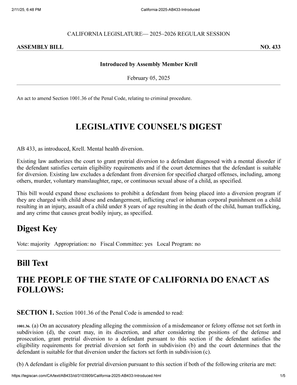 California Assembly Bill AB433 addresses mental health factors in criminal cases