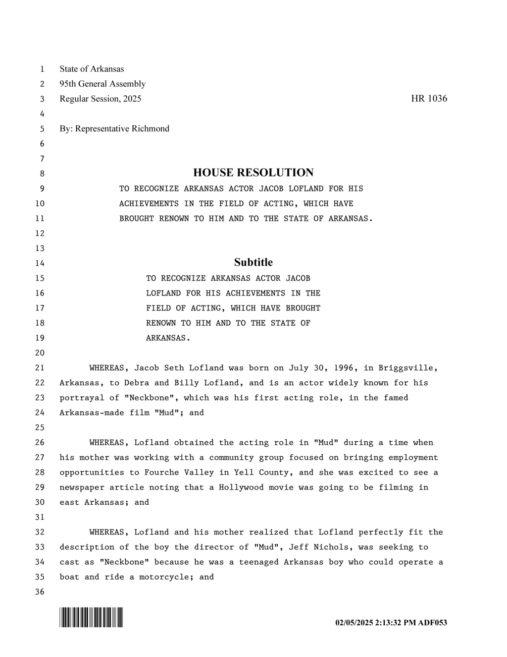 Arkansas House honors actor Jacob Lofland for significant achievements in film