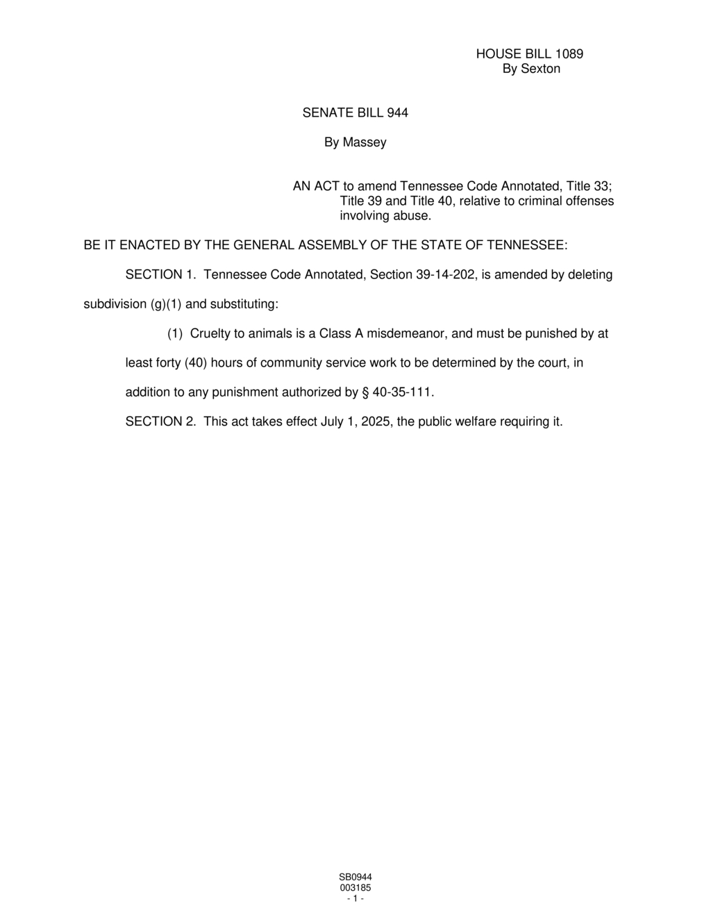 Tennessee General Assembly passes animal cruelty legislation amending penalties
