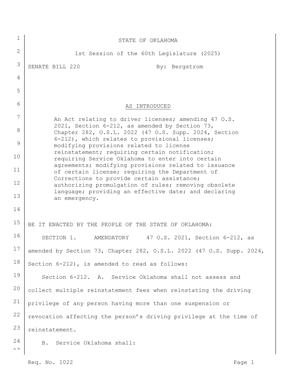 Oklahoma legislation introduces new fees for driver license reinstatement