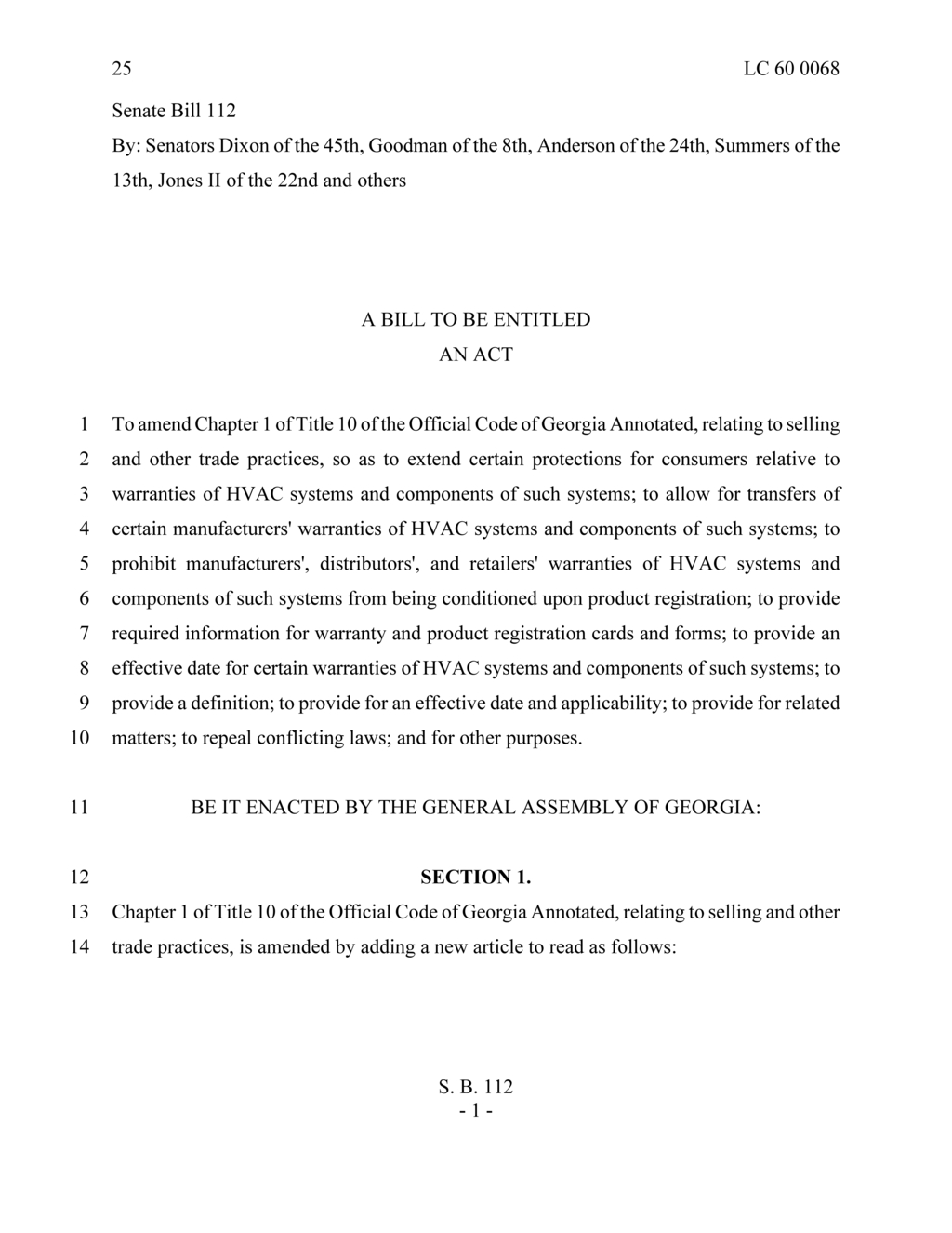 Georgia Senate passes Bill 112 extending HVAC consumer warranty protections