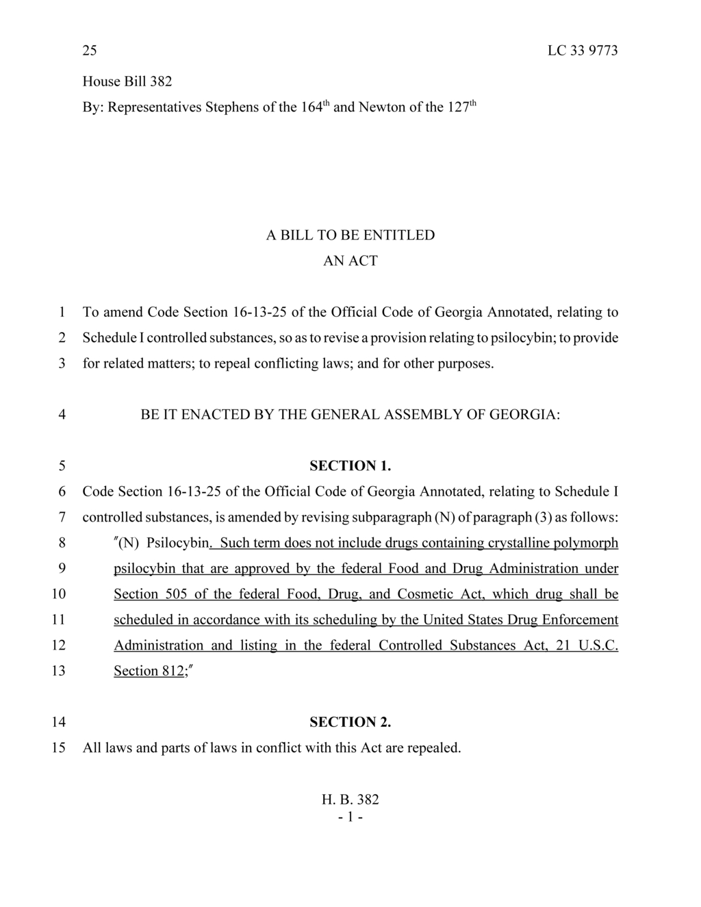 Georgia legislators amend psilocybin regulations in House Bill 382