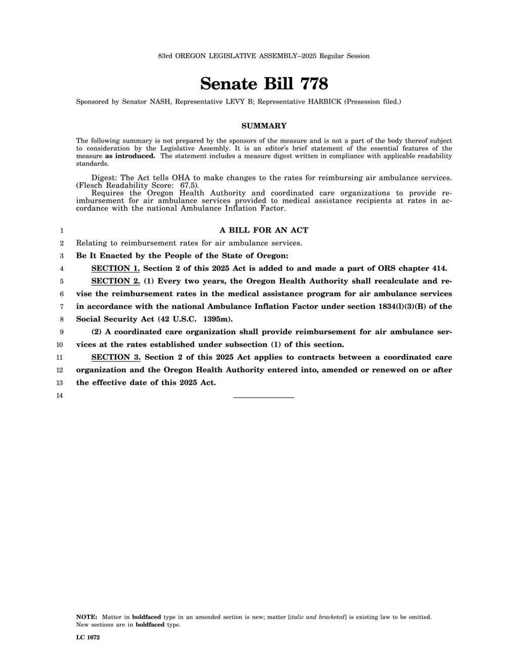 Oregon Senate Bill 778 updates air ambulance reimbursement rates