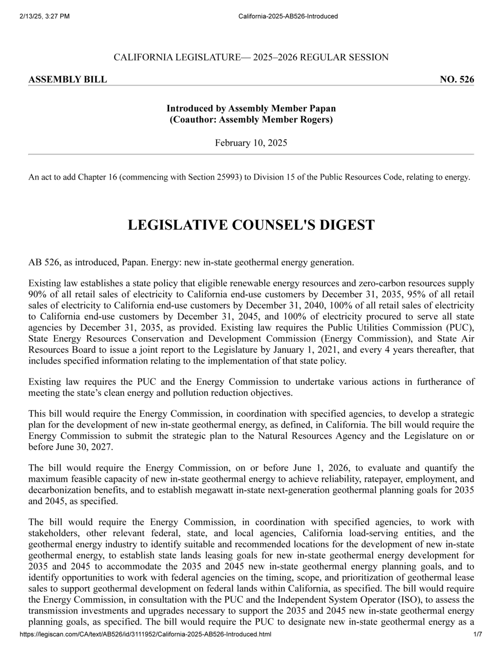 Assembly Member Papan introduces AB 526 for new geothermal energy development in California