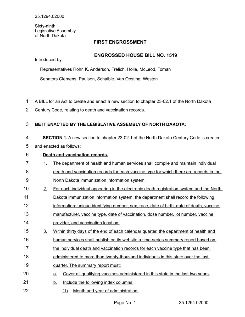 North Dakota Assembly approves bill for comprehensive death and vaccination records