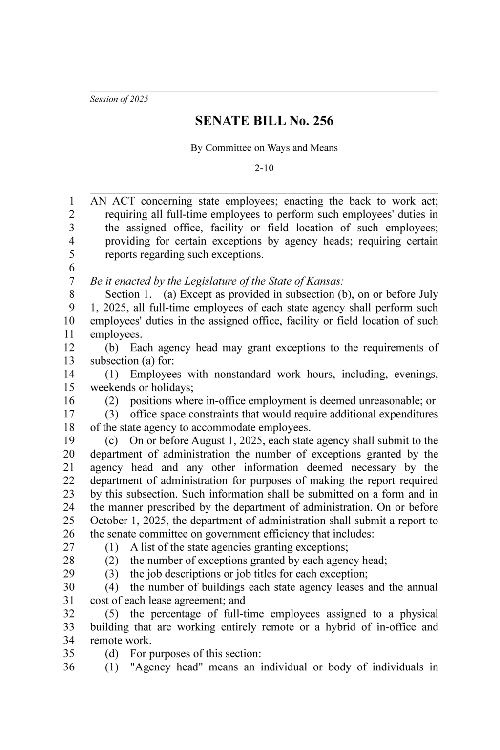 Kansas Senate enacts Back to Work Act for state employees by July 2025