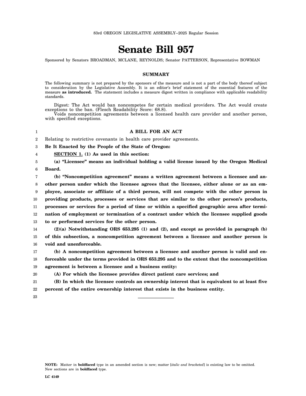 Oregon Senate Bill 957 prohibits noncompete agreements for medical providers