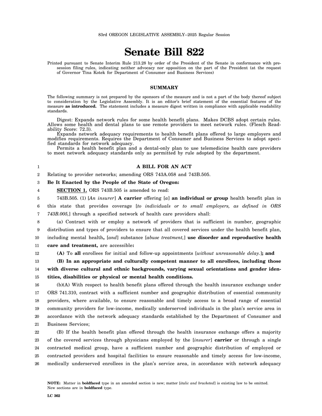 Oregon Senate Bill 822 mandates equitable telemedicine access and reimbursement standards