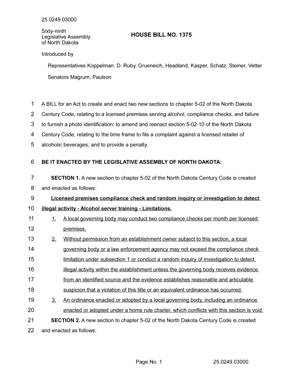 North Dakota Assembly introduces new alcohol compliance check bill