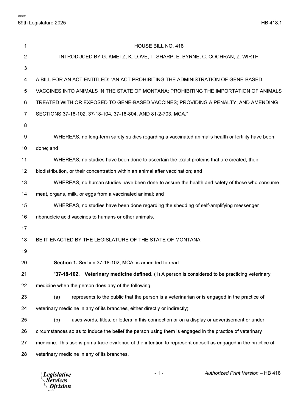 Montana legislature prohibits gene-based vaccines in veterinary medicine
