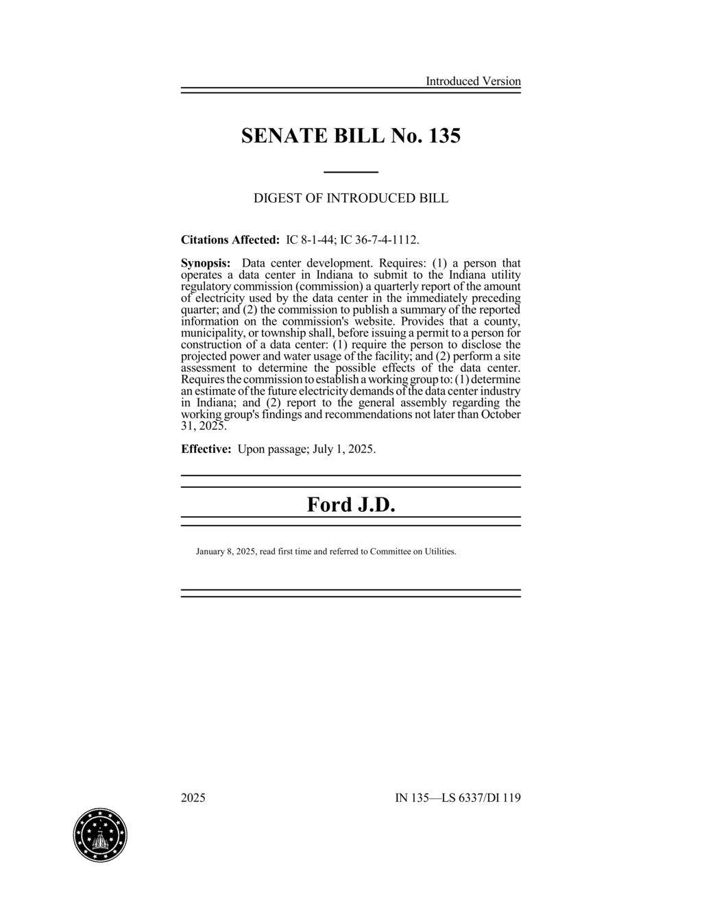 Indiana Senate Bill 135 mandates data center electricity reporting and site assessments